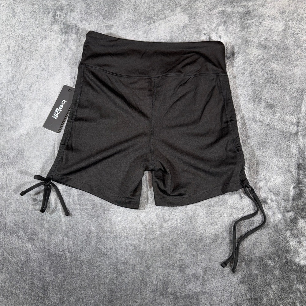 Bebe Sport Womens Dream Logo Ruched Shorts Black BB1368A Medium NWT